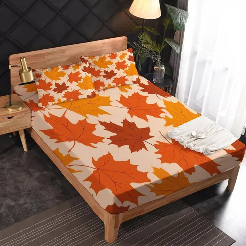 Vista 2 de Juego de sábanas de hojas de otoño tamaño King, sábanas de microfibra suave, bolsillo profundo, sábanas y fundas de almohada estampadas sin arrugas