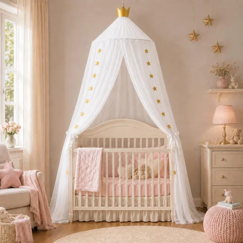 Vista 2 de Toldo de cama para niñas, suave, lavable y fácil de instalar, toldo para cuna para habitación de niñas con decoración de estrellas, toldo de cama