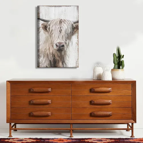 Vista 3 de 1 pieza de arte de pared de vaca Highland, lienzo de vaca de granja para decoración de pared, imagen de pintura blanca de vida silvestre, impresión