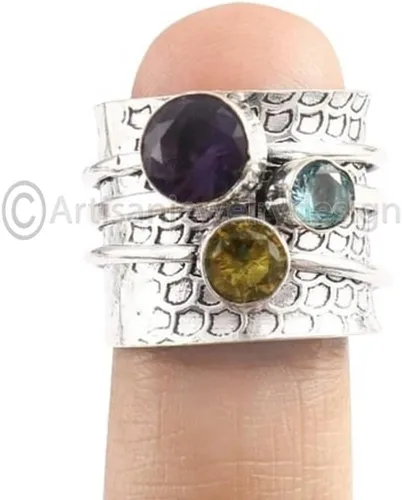 Vista 2 de Handmade Amethyst Spinner Ring, 925 Sterling Silver Statement Band, Blue Topaz & Citrine Gemstones, Boho Meditation Spin Ring, Yoga Jewelry for Women