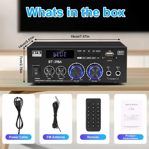 Vista 8 de Romica Amplificador de audio estéreo, 2 canales 450W+450W Bluetooth 5.0 amplificador de potencia de cine en casa con radio FM, USB, SD, entradas