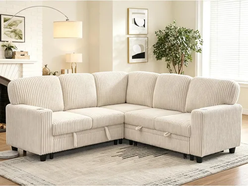 Vista 5 de ERYE L-Shaped Convertible Sofa Bed W/Pull Out Sleeper Couch Bed, 81" Plush Corduroy Sectional Couch with Symmetrical Corner Sectional Sleeper Sofa