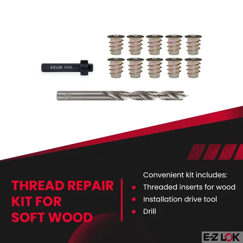 Vista 2 de E-Z LOK Kit de reparación de rosca hexagonal E-Z para insertos roscados con brida para madera blanda 1/4-20 x 13mm, perforador, herramienta