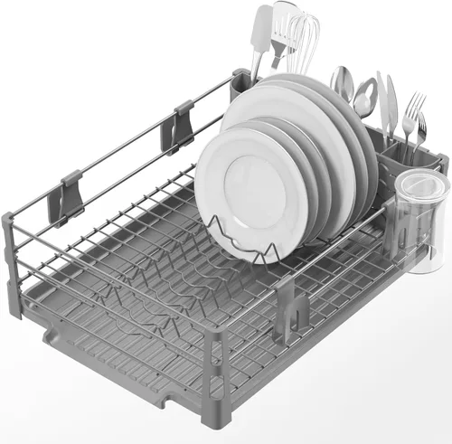 Vista 9 de SIMPLE HOUSEWARE Escurridor de platos con escurridor, soporte para utensilios y ganchos para tazas, organizador de mostrador de cocina de metal negro