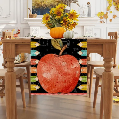 Vista 2 de Camino de mesa con lápiz de manzana de acuarela para el primer día de escuela, decoraciones y suministros para el hogar, escuela, aula, oficina, 13