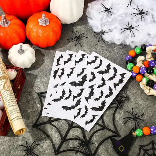 Vista 3 de AnyDesign 300 etiquetas adhesivas de murciélago de Halloween, 15 hojas autoadhesivas con patrón de murciélago con purpurina negra para tarjetas