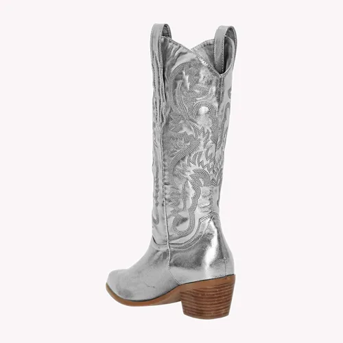 Vista 3 de MissHeel Botas vaqueras de media pantorrilla con tacón grueso bordado en plata rosa