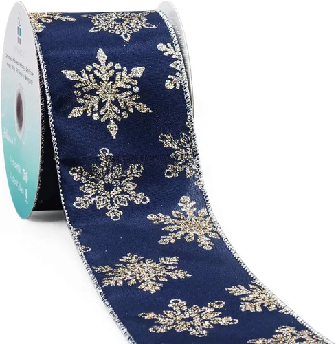 Vista 13 de Cinta con alambre de organza con copos de nieve dorados de champán para decoración navideña del hogar, lazo para la parte superior del árbol