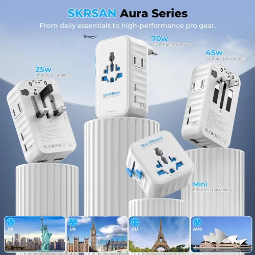 Vista 9 de Adaptador de viaje internacional ultrafino Aura de 45 W para más de Enchufe universal 6 en 1 de 1.417 in, PD&QC 3.0, carga rápida esencial