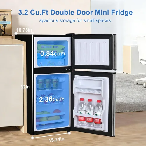 Vista 6 de Cucina Magica - Mini refrigerador con congelador, 3.2 pies cúbicos, pequeño refrigerador, 7 termostatos ajustables, ahorro de energía, bajo nivel