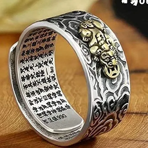 Vista 4 de JAJAFOOK Anillo de plata 990 FENG Shui antiguo Xiangyun PIXIU MANI Amuleto Anillo Lucky Wealth Budista Mantra Joyería, ajustable, Metal, Zirconia