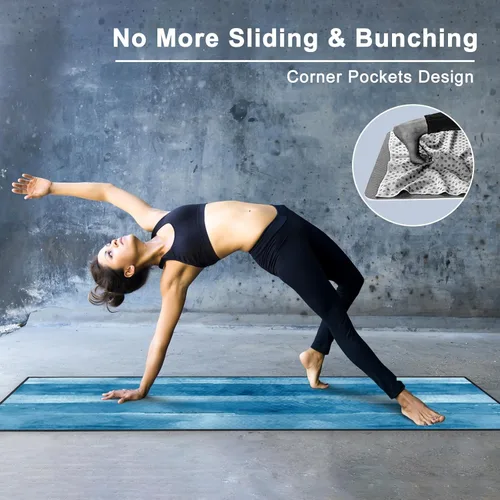 Vista 3 de QiyI Toalla para Esterilla de Yoga con Bolsillos en las Esquinas, Toallas de Yoga Antideslizantes que Absorben el Sudor para Yoga Caliente, Mantas