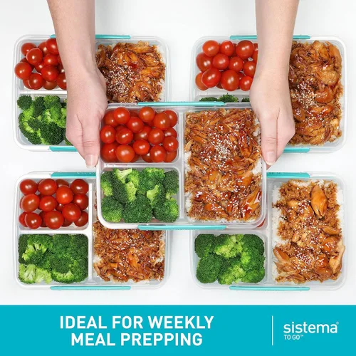 Vista 3 de Sistema Recipientes de almacenamiento de alimentos de 5 piezas con 3 compartimentos y tapas para preparación de comidas, aptos para lavavajillas
