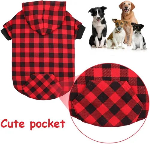 Vista 2 de Sudadera con Capucha a Cuadros Rojos para Perros, Ropa para Mascotas con Capucha y Bolsillo (XS)