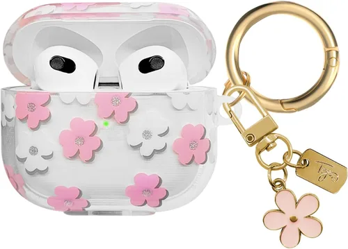 Vista 16 de Funda compatible con AirPods 3 2021, TPU suave con bonito patrón de flores para AirPods de 3ª generación con llavero de flores y mosquetón para Negro