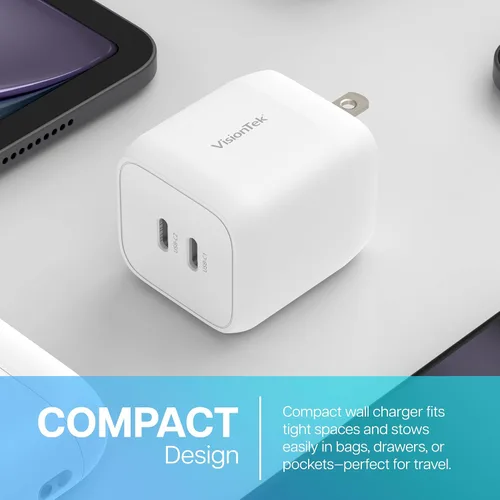 Vista 2 de VisionTek GaN II - Cargador rápido de pared de 45 W, puertos USBC duales, 2 veces USB-C, compatible con MacBook Air, iPad, iPhone, Galaxy, Steam