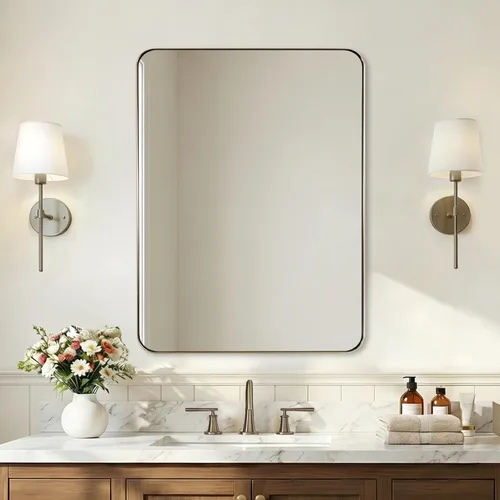 Vista 24 de ANDY STAR Espejo de pared cuadrado para baño, espejo de baño negro mate de 24 x 24 pulgadas, espejo de metal de esquina redondeada en marco de acero