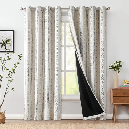 Vista 45 de jinchan - Cortinas bohemias 100% blackout de 54 pulgadas de largo para dormitorio, estampado geométrico negro sobre beige, con ojales