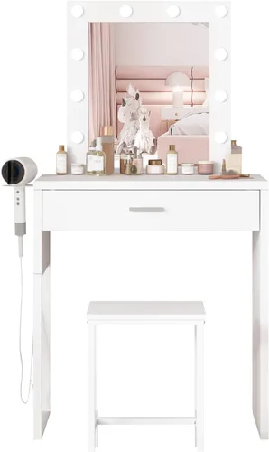 Vista 8 de Titoni Pequeño tocador de maquillaje con espejo y luces, escritorio blanco con silla, brillo ajustable, juego de mesa de maquillaje para dormitorio