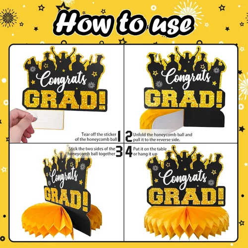 Vista 7 de Decoraciones de fiesta de graduación 2026 – 8 piezas de decoración de fiesta de graduación negro dorado clase de 2026, centros de mesa de panal