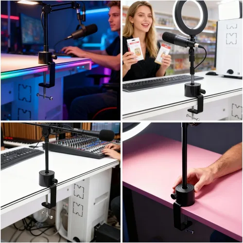 Vista 2 de Soporte de micrófono abrazadera de mesa para micrófono, brazo de tijera, soporte de brazo de tijera, soporte voladizo de agujero de rosca de 1/2