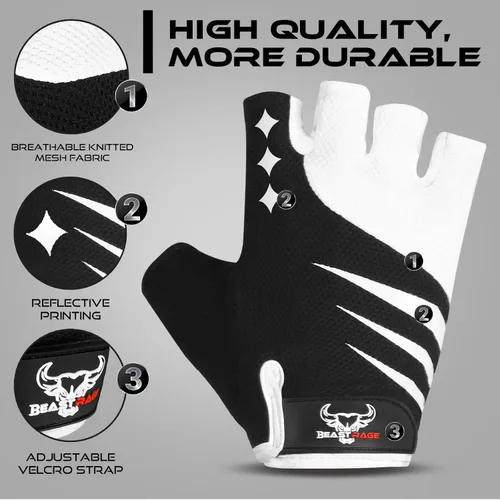Vista 6 de BEAST RAGE Guantes de ciclismo de medio dedo para hombres y mujeres, guantes acolchados de gel, antideslizantes, absorben los golpes, levantamiento