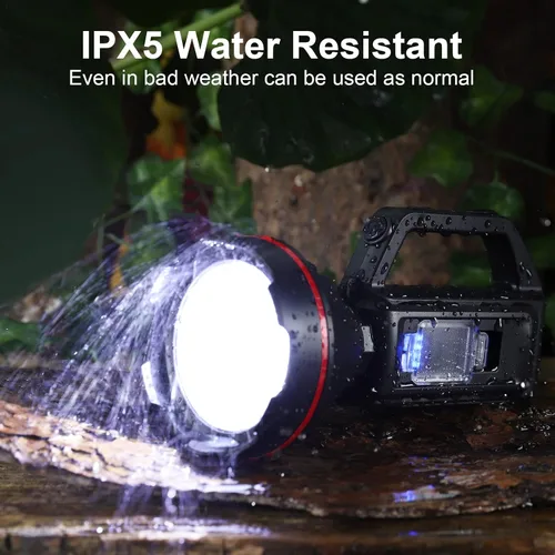 Vista 6 de Linterna recargable con reflector, reflector de mano de alto lúmenes, linterna LED con correa para el hombro y salida USB para huracanes