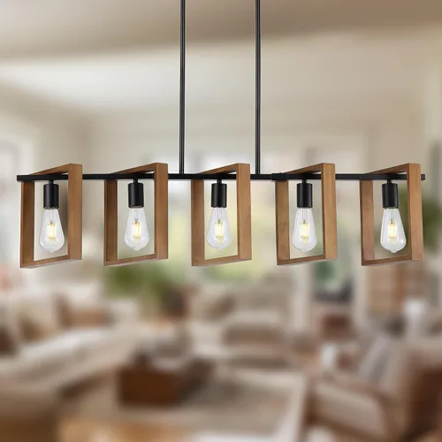 Vista 14 de 9MMML Lámpara de 3 luces para isla de cocina, lámpara de comedor negra, con marco de madera, para sala de estar, vestíbulo, entrada, pasillo, E26
