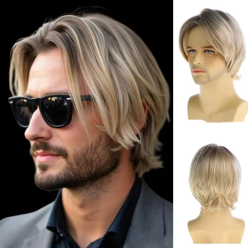 Vista 17 de Peluca negra corta y rizada para hombre, peluca sintética para cosplay, con gorra de peluca