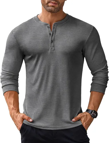 Vista 73 de COOFANDY Camisas Henley de manga larga para hombre, camisetas elásticas acanaladas, camisetas básicas casuales de moda