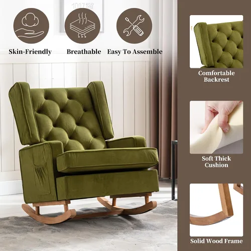 Vista 4 de QQU Mecedora con brazos, silla de ocio para interiores, cómoda silla de respaldo alto con base de madera maciza, bolsillo lateral para sala