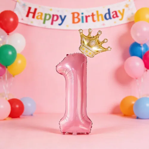 Vista 2 de Juego de corona de globos rosa del número 1 de 40 pulgadas, globos de primer cumpleaños para niñas, decoraciones de fiesta de primer cumpleaños