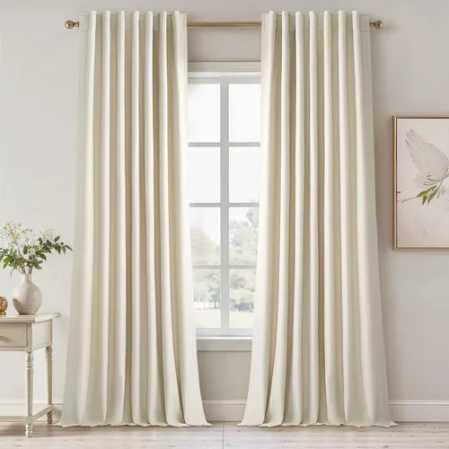Vista 23 de Topfinel Cortinas opacas, blanco beige, 2 paneles, ventanas pequeñas, textura, mezcla de lino, bohemia, abedul, rural, gancho, bolsillo trasero