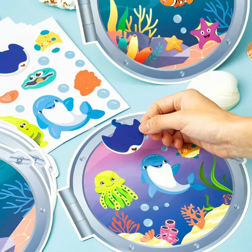 Vista 4 de WATINC - Calcomanía de escena de animales marinos para manualidades, haz tu propio mundo de animales del océano bajo el mar, calcomanías