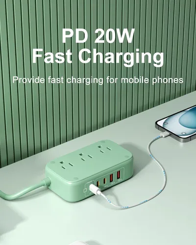 Vista 4 de Estación de carga USB de 5 pies con tomas, tira de alimentación de viaje USB C plana PD 20 W cargador con salidas de CA de 2500 W, 3 puertos USB-C