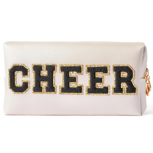 Vista 7 de Y1tvei Preppy Patch SKIN Letra Blanca Rosa Bolsa de Aseo para Cosméticos de Piel Sintética Bolsa de Maquillaje Portátil Bolsa de Almacenamiento