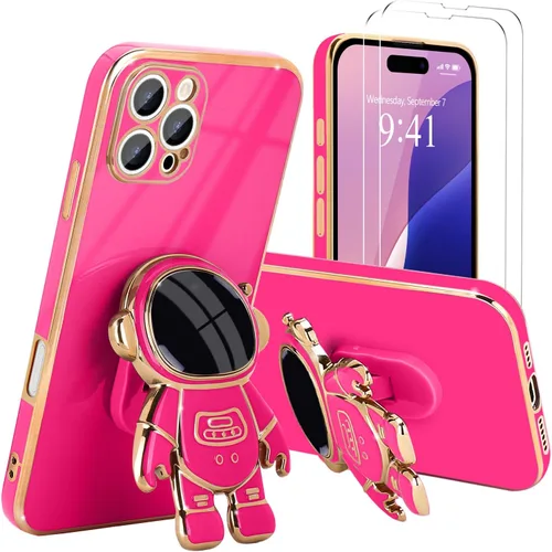 Vista 37 de Pepmune - Funda para iPhone 15 con soporte de astronauta 3D, color negro [2 Screen Protector], Luxury Electroplated Soft TPU Cover with Kickstand