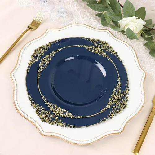 Vista 30 de Efavormart - Paquete de 10 platos de postre barrocos negros y dorados de 8 pulgadas, platos de aperitivo resistentes con borde metálico en relieve