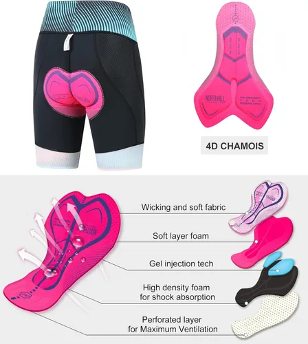Vista 4 de NORTHHILL Pantalones cortos de ciclismo acolchados para mujer, pantalones cortos de ciclismo de cintura alta con forro 4D acolchado de gel Spin