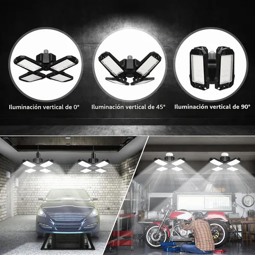 Vista 3 de Paquete de 2 luces LED para garaje, 150W 15000LM 6500K luces LED para taller, luces de garaje de techo LED con 4 paneles deformables, rosca