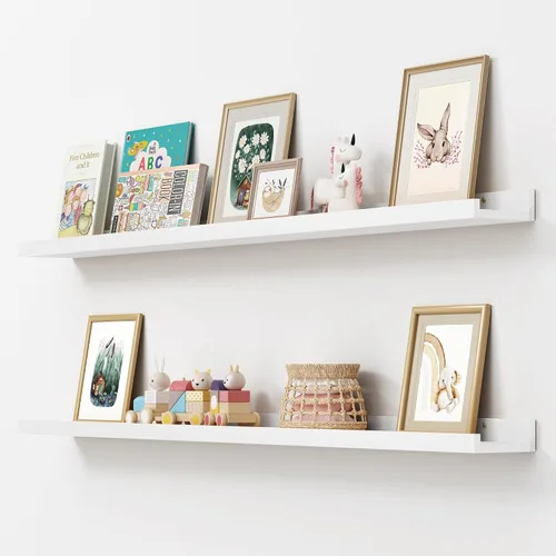 Vista 38 de FLYJOE Estante de repisa de fotos para pared, 24 pulgadas de madera de fresno maciza, estantes para libros de guardería, estantes flotantes