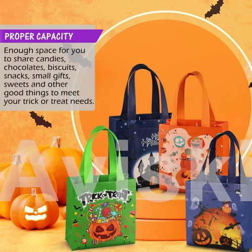 Vista 4 de Aviski 16 bolsas de Halloween para dulce o truco, pequeñas bolsas de regalo no tejidas con asas para envolver regalos, suministros de fiesta