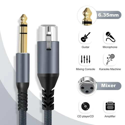 Vista 4 de Twozoh Cable corto XLR hembra a 1/4 TRS de 1 pie, trenzado conector estéreo de 0.250 in equilibrado a cable de micrófono XLR de 3 pines
