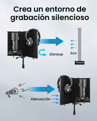 Vista 2 de Moukey - Escudo de aislamiento de micrófono, protector de micrófono plegable con triple aislamiento acústico, filtro de reflexión con montaje