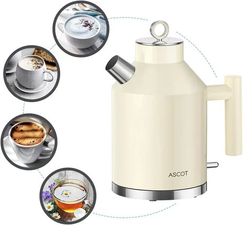 Vista 2 de ASCOT Hervidor eléctrico, interior de acero inoxidable de 1,5 L, sin plástico, 1500 W de ebullición rápida, diseño retro, apagado automático