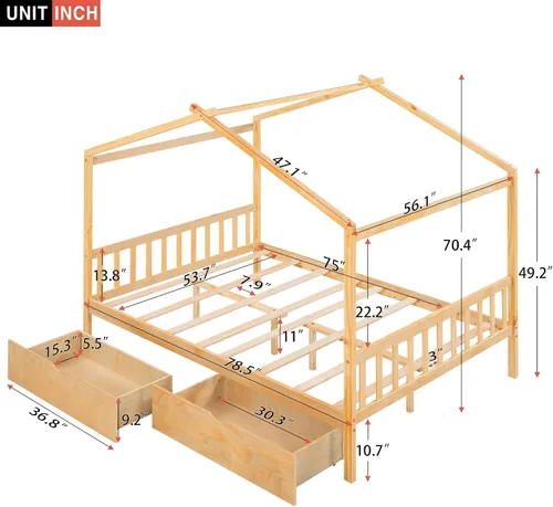 Vista 2 de Harper & Bright Designs Cama de casa de tamaño matrimonial para niños, marco de plataforma de madera Montessori con 2 cajones de almacenamiento