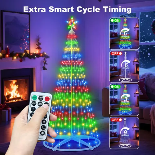 Vista 5 de Árbol de Navidad iluminado con conos, 250 luces LED de 1.8 m con 11 modos de iluminación, temporizador, control remoto, árbol artificial de Navidad