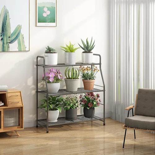Vista 3 de Simple Trending Soporte para plantas al aire libre e interior, estante de metal impermeable de 3 niveles para sala de estar, balcón y jardín