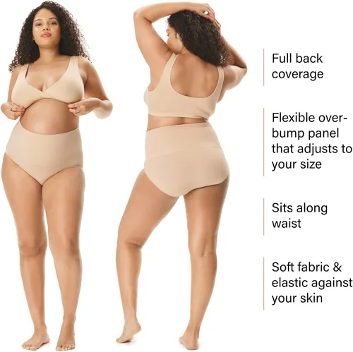 Vista 4 de Motherhood Maternity Ropa interior de maternidad para mujer, paquete de 2 unidades, esenciales posparto, sin costuras, tallas grandes, Negro y Beige