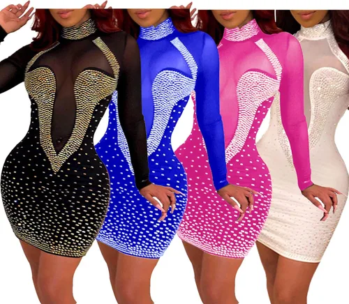 Vista 4 de PORRCEY Vestido sexy para mujer, con diamantes de imitación, para fiesta, club, noche, club, club, para mujer